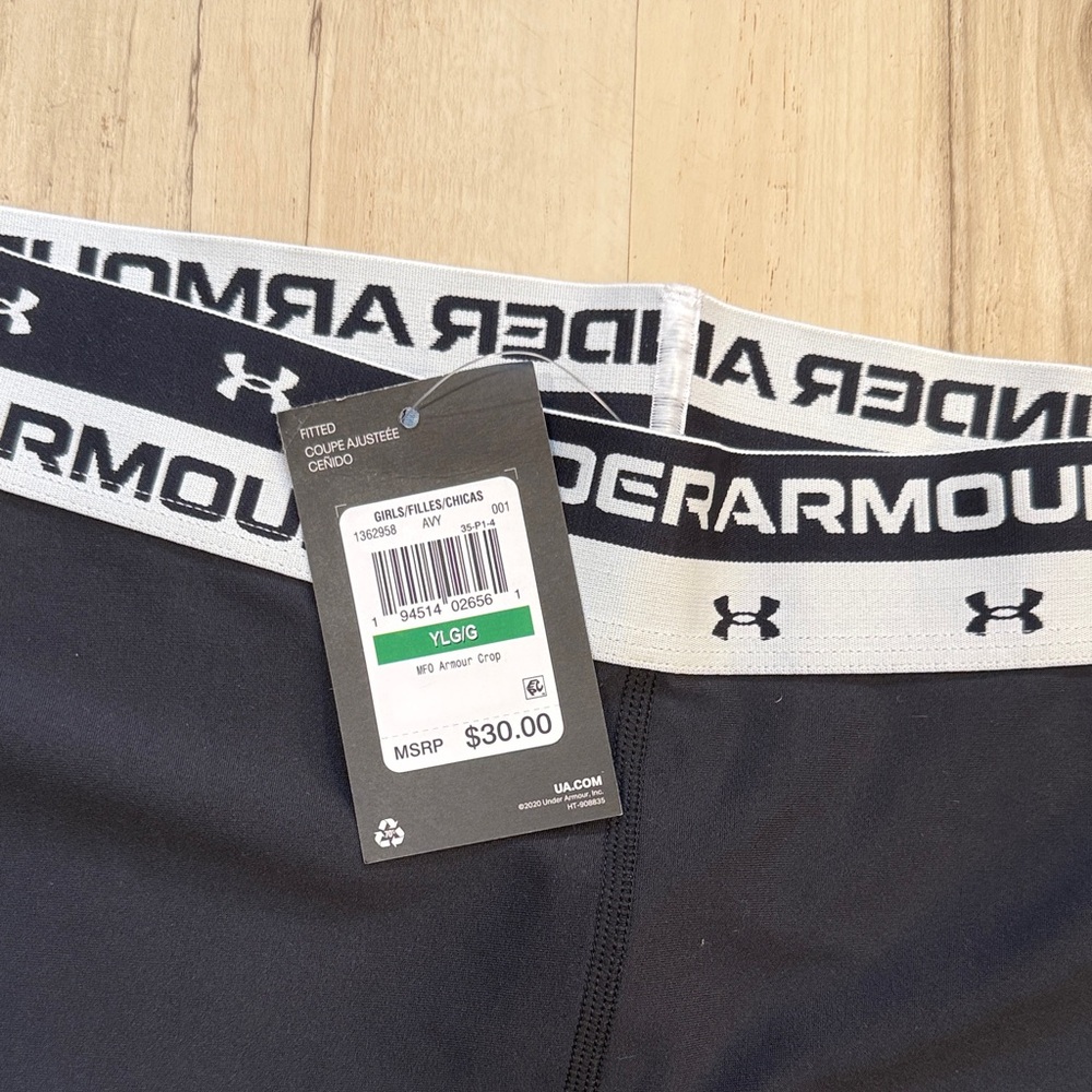 Under Armour Black Girls' Performance Leggings with White Logo Waistband - Picture 2 of 3